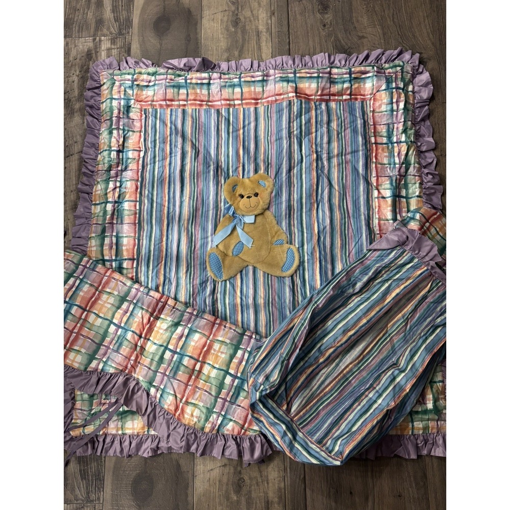 VTG‎ Baby Bear 3D Plush Teddy Handmade Crib Quilt Diaper Holder Purple Plaid